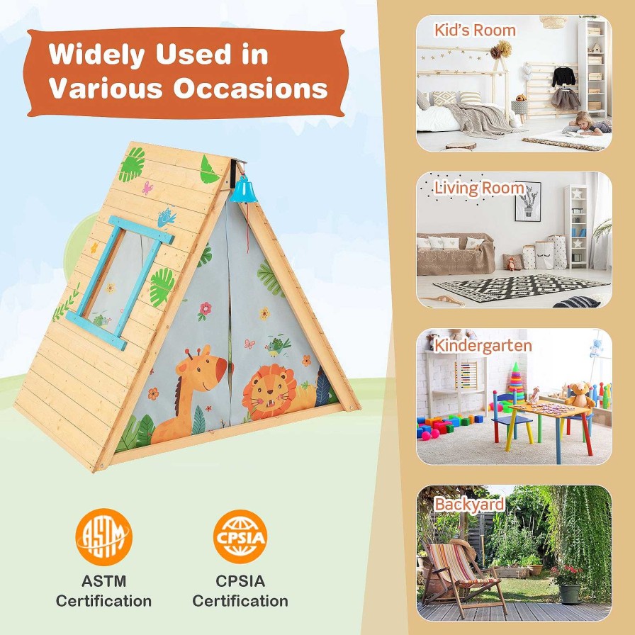 Gear dsvCOSTWAY | 2-In-1 Wooden Kids Triangle Playhouse With Climbing Wall And Front Bell