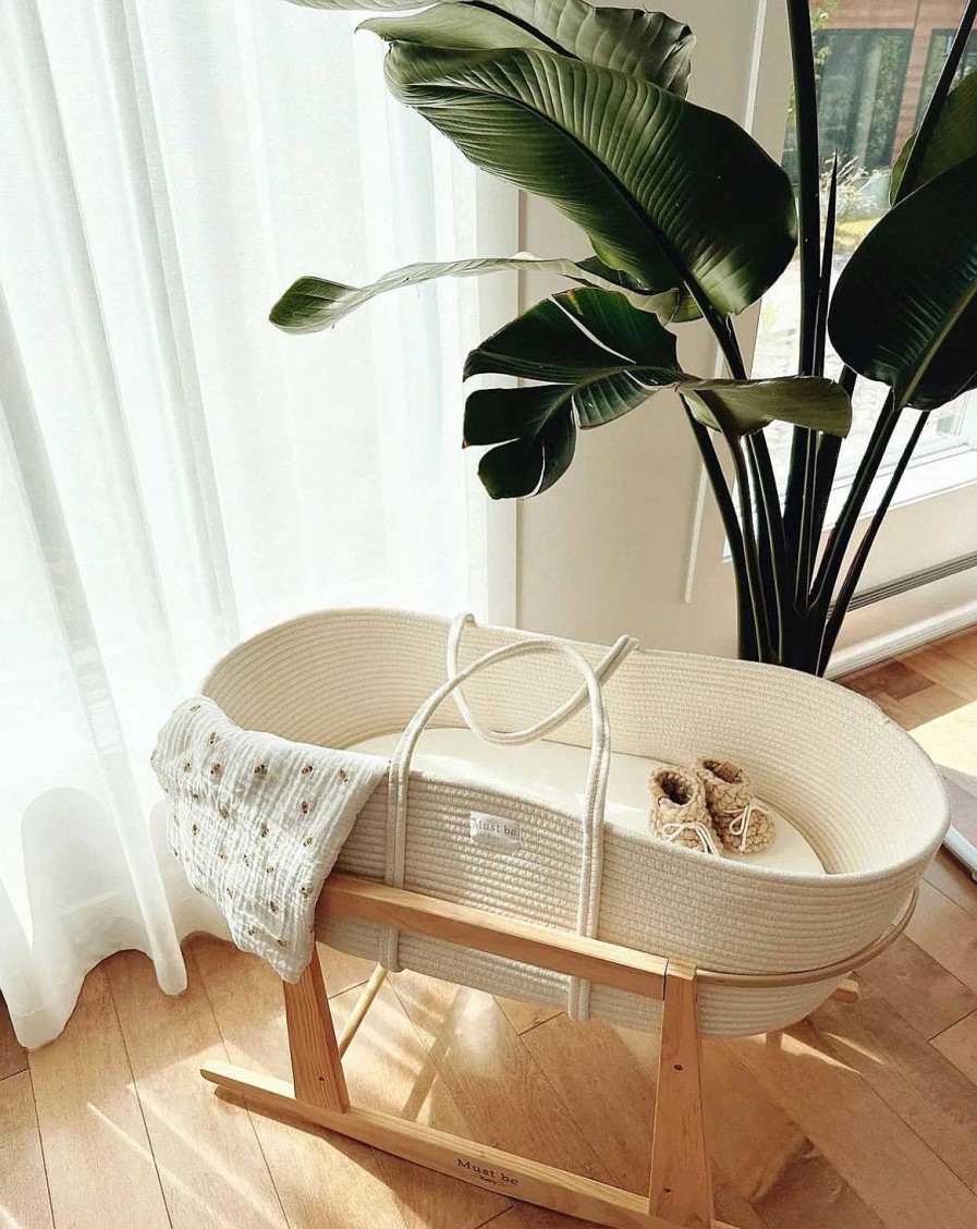 Nursery opMUST BE BABY | Moses Bassinet In Meringue Cotton (Basket + Mattress + Support) - Imperfect