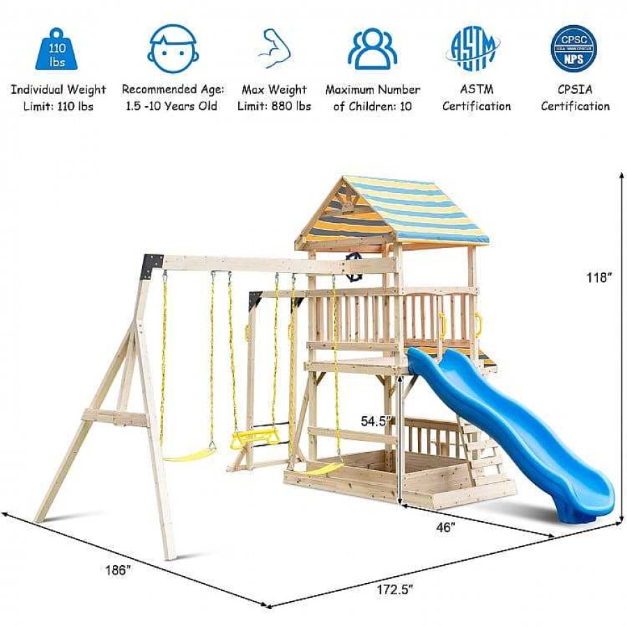 Gear dsvCOSTWAY | Wooden Swing Set With Large Upper Deck Slide And Steering Wheel