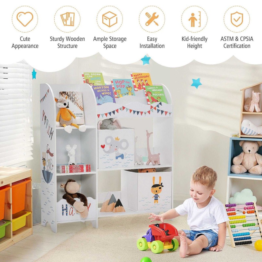 Nursery dsvCOSTWAY | Wooden Children Storage Cabinet With Storage Bins - White With Animals