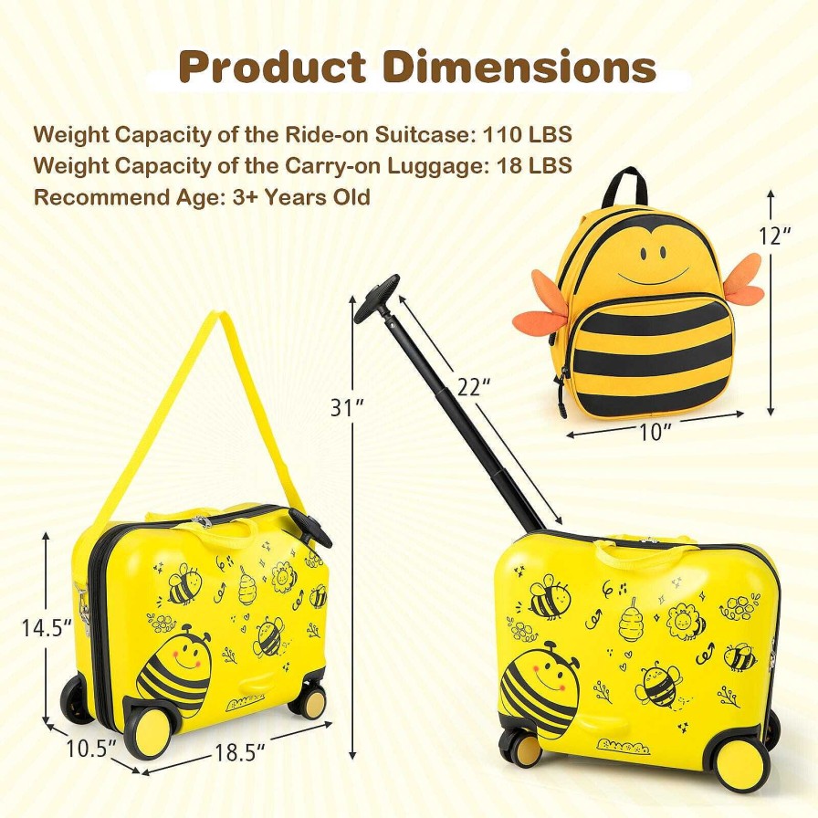 Gear dsvCOSTWAY | 2 Pieces 18 Inch Ride-On Kids Luggage Set With Spinner Wheels And Bee Pattern