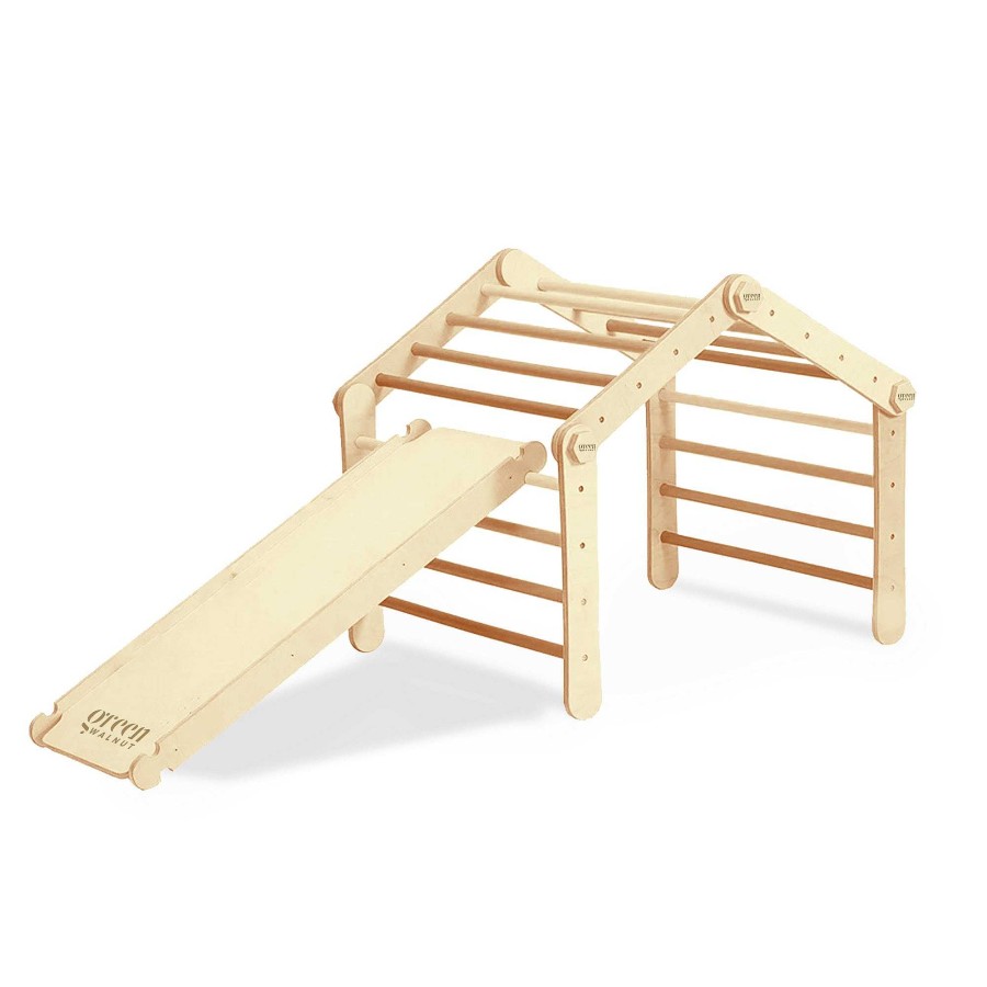 Gear cdsvGREEN WALNUT | Large Convertible Wooden Pikler Triangle Gym With Slide & Ramp | Multifold Climbing Gym