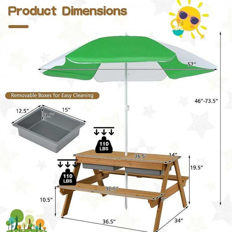 Gear dsvCOSTWAY | 3-In-1 Kids Outdoor Picnic Water Sand Table With Umbrella Play Boxes - Green