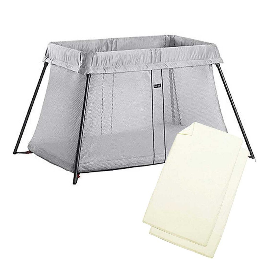 Gear opBABYBJORN | Travel Cot Light - Silver + Free Travel Cot Sheets 2Pk