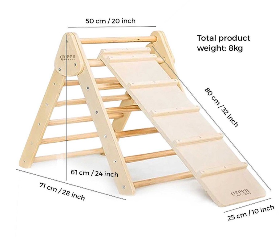 Gear cdsvGREEN WALNUT | Wooden Pikler Triangle With Slide & Ramp | Climbing Gym