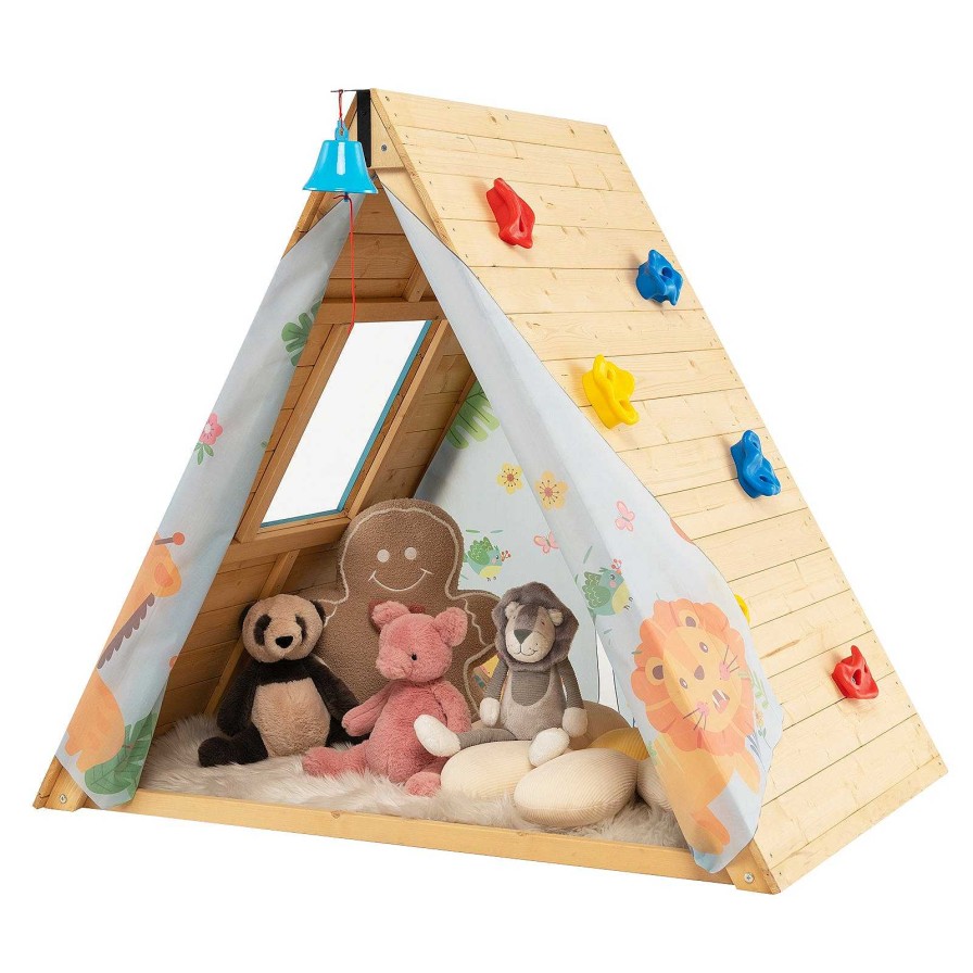 Gear dsvCOSTWAY | 2-In-1 Wooden Kids Triangle Playhouse With Climbing Wall And Front Bell