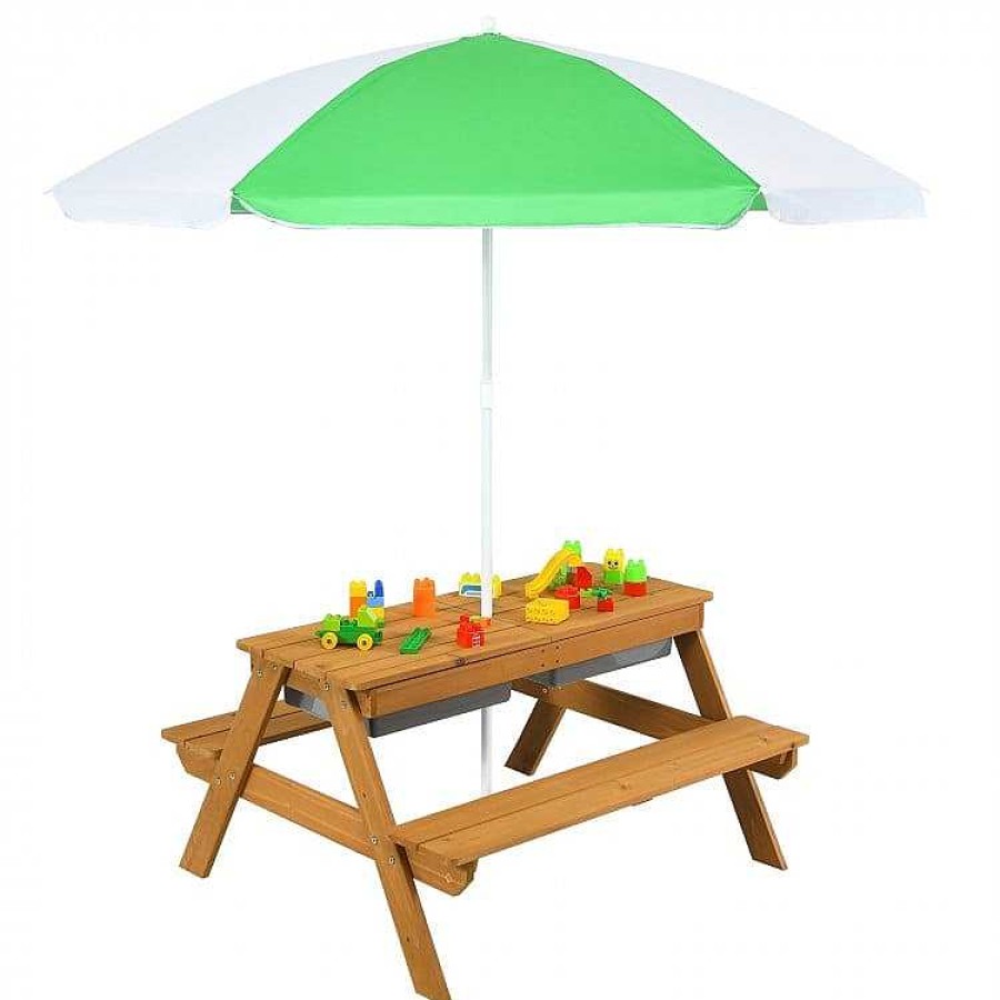 Gear dsvCOSTWAY | 3-In-1 Kids Outdoor Picnic Water Sand Table With Umbrella Play Boxes - Green