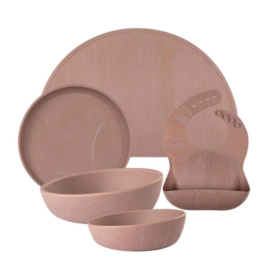 Gear opFAIRE-EEVEVE | 5Pc Dinnerware Set- Place Mat + Bib + Dinner Plate And Bowls In Powder Blush Melange