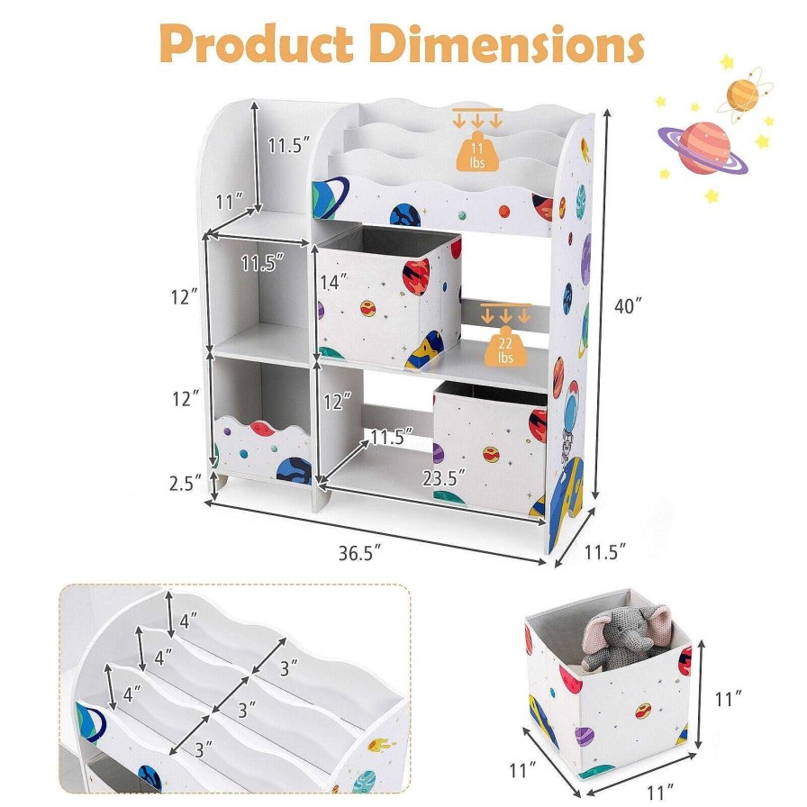 Nursery dsvCOSTWAY | Wooden Children Storage Cabinet With Storage Bins - White With Planets