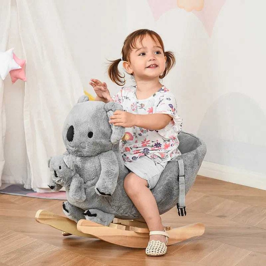 Gear dsvAOSOM | Kids Plush Ride-On Rocking Horse Koala-Shaped Toy Rocker W/ Gloved Doll Grey