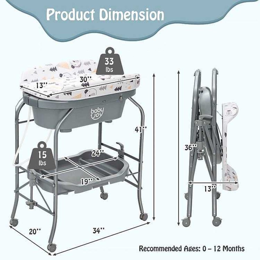 Nursery dsvCOSTWAY | Folding Baby Changing Table With Bathtub And 4 Universal Wheels