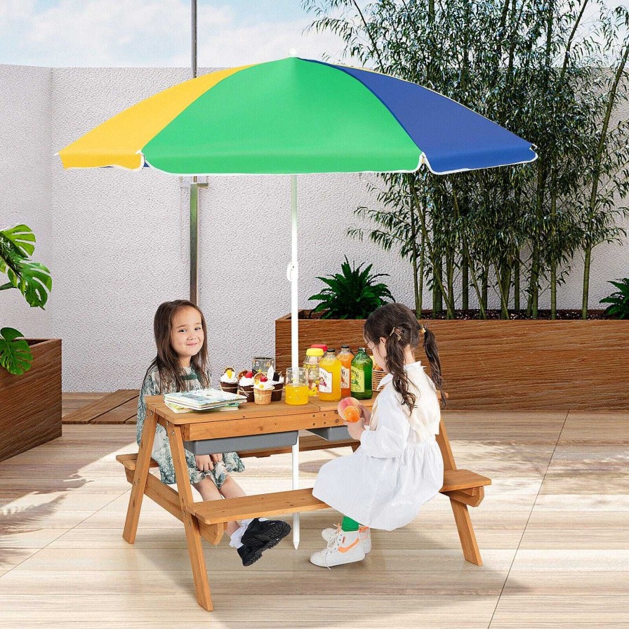 Gear dsvCOSTWAY | 3-In-1 Kids Outdoor Picnic Water Sand Table With Umbrella Play Boxes - Multicolour