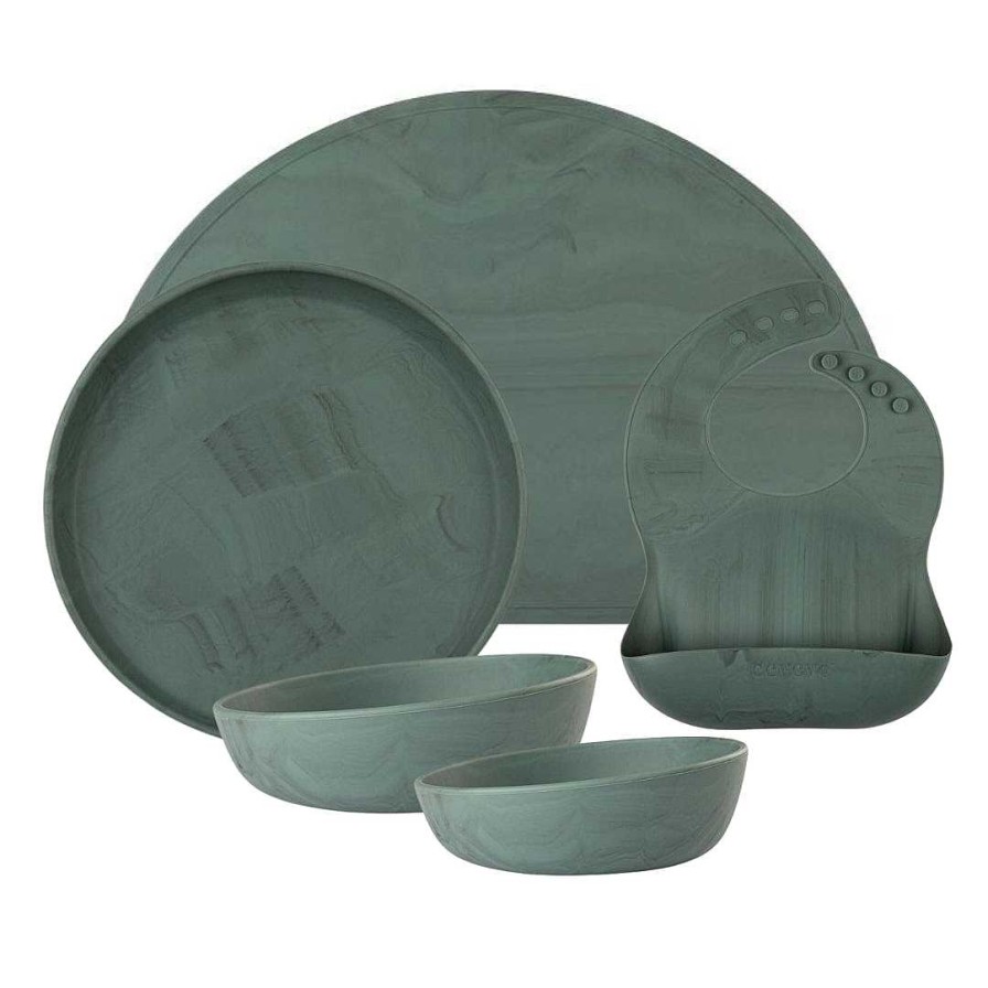 Gear opFAIRE-EEVEVE | 5Pc Dinnerware Set- Place Mat + Bib + Dinner Plate And Bowls In Earthy Green Melange