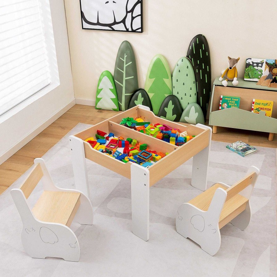 Gear dsvCOSTWAY | 4-In-1 Wooden Activity Kids Table And Chairs With Storage And Detachable Blackboard - White