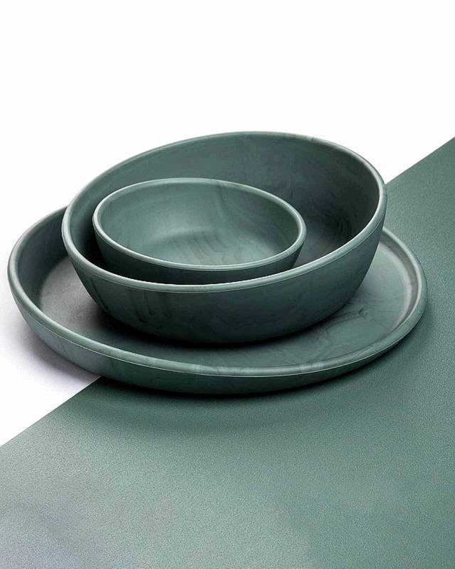 Gear opFAIRE-EEVEVE | 5Pc Dinnerware Set- Place Mat + Bib + Dinner Plate And Bowls In Earthy Green Melange