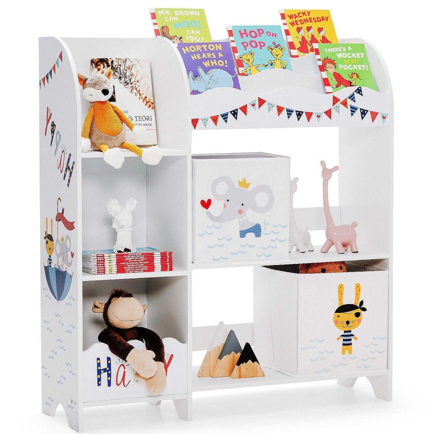 Nursery dsvCOSTWAY | Wooden Children Storage Cabinet With Storage Bins - White With Animals