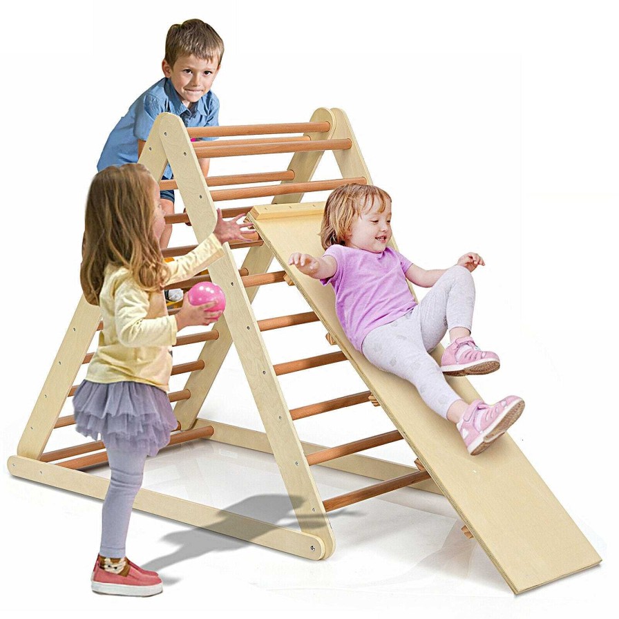 Gear dsvCOSTWAY | Foldable Wooden Climbing Triangle Indoor With Ladder For Toddler Baby-Natural