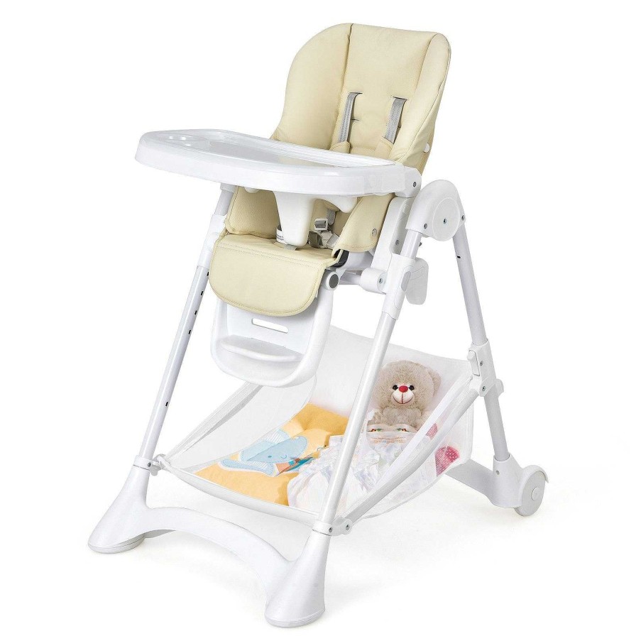 Gear dsvCOSTWAY | Baby Folding High Chair With Wheel Tray Storage Basket -Beige