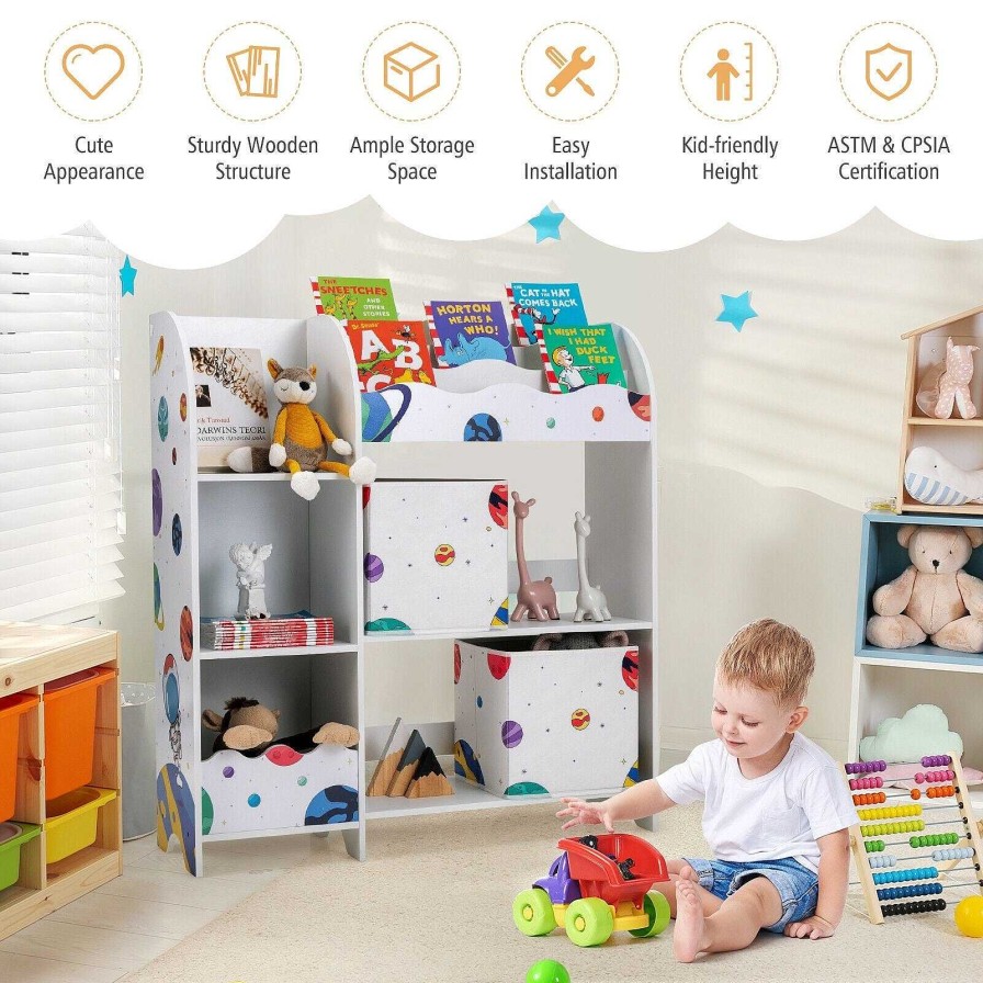 Nursery dsvCOSTWAY | Wooden Children Storage Cabinet With Storage Bins - White With Planets