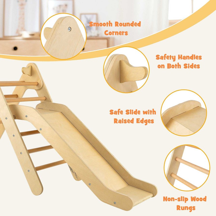 Gear dsvCOSTWAY | 2-In-1 Wooden Triangle Climber Set With Gradient Adjustable Slide-Natural