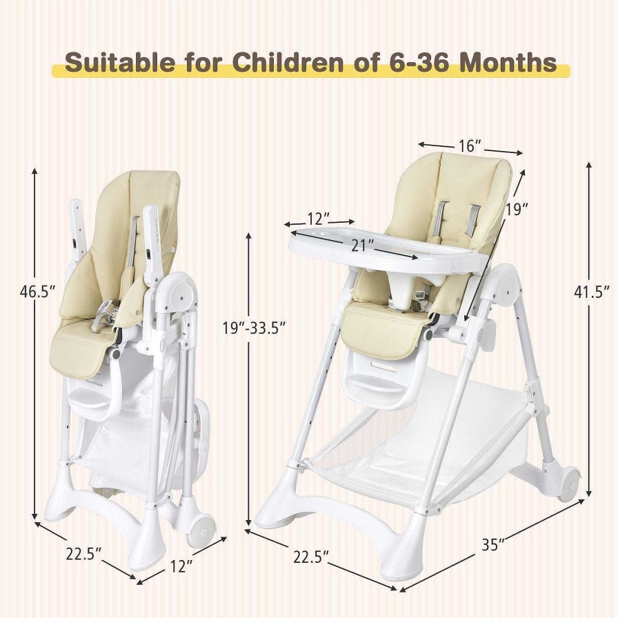 Gear dsvCOSTWAY | Baby Folding High Chair With Wheel Tray Storage Basket -Beige