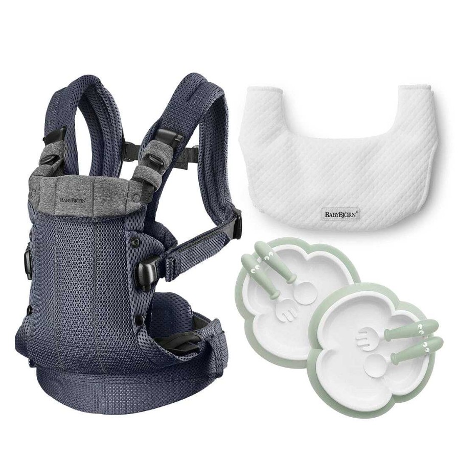 Gear opBABYBJORN | Baby Carrier Harmony Bundle - Anthracite Mesh + Free Bib And Baby Feeding Set 2 Pack - Sage