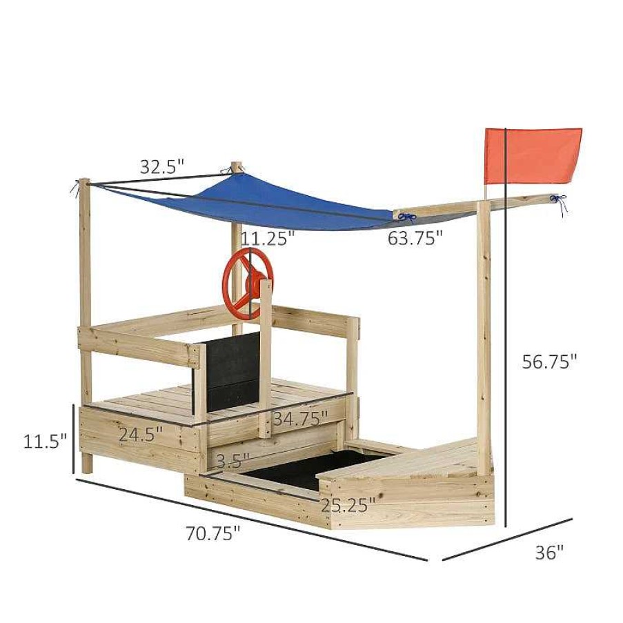 Gear dsvAOSOM | Kids Wooden Sandbox, Covered Children Sand Boat Outdoor, Foldable Play Station, W/ Flag, Canopy Shade, Bottom Liner, Blackboard