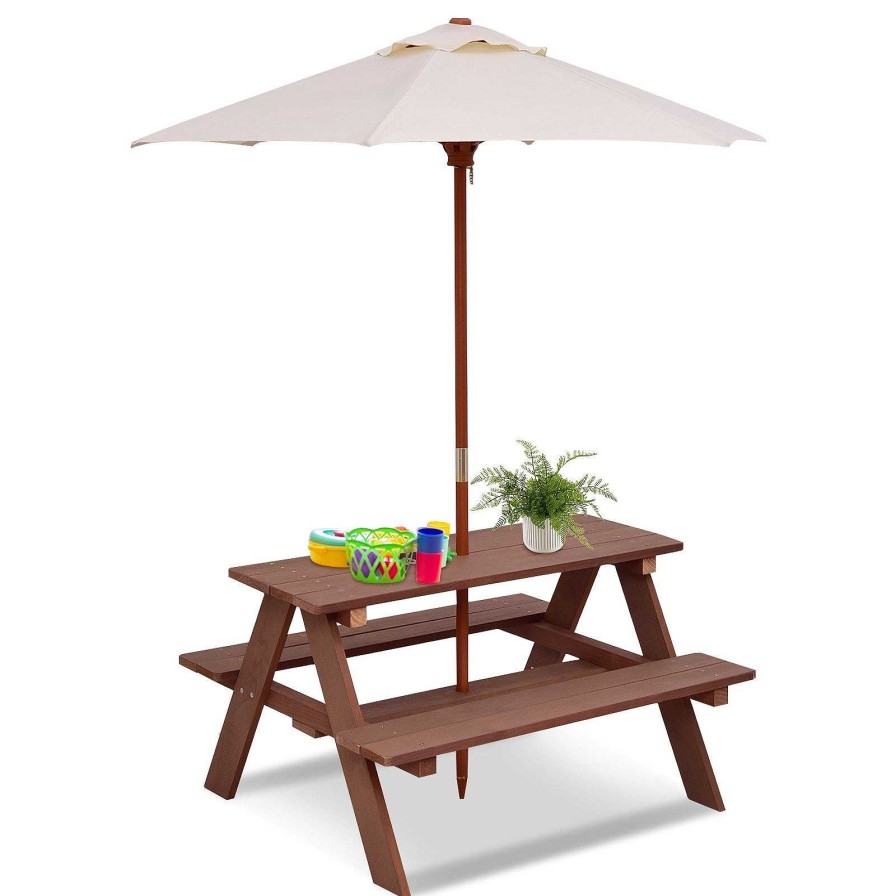 Gear dsvCOSTWAY | Outdoor 4-Seat Kid'S Picnic Table Bench With Umbrella - Brown