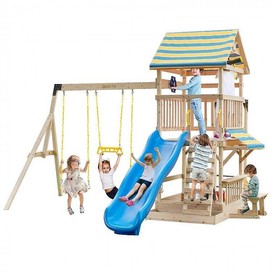 Gear dsvCOSTWAY | Wooden Swing Set With Large Upper Deck Slide And Steering Wheel