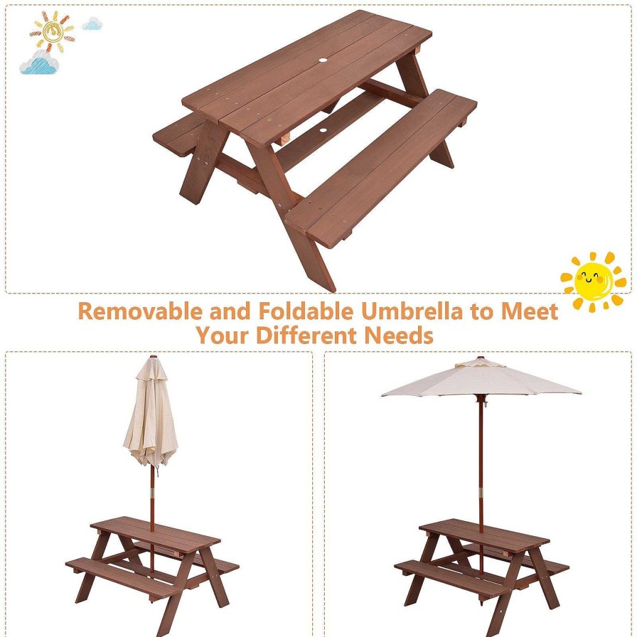 Gear dsvCOSTWAY | Outdoor 4-Seat Kid'S Picnic Table Bench With Umbrella - Brown