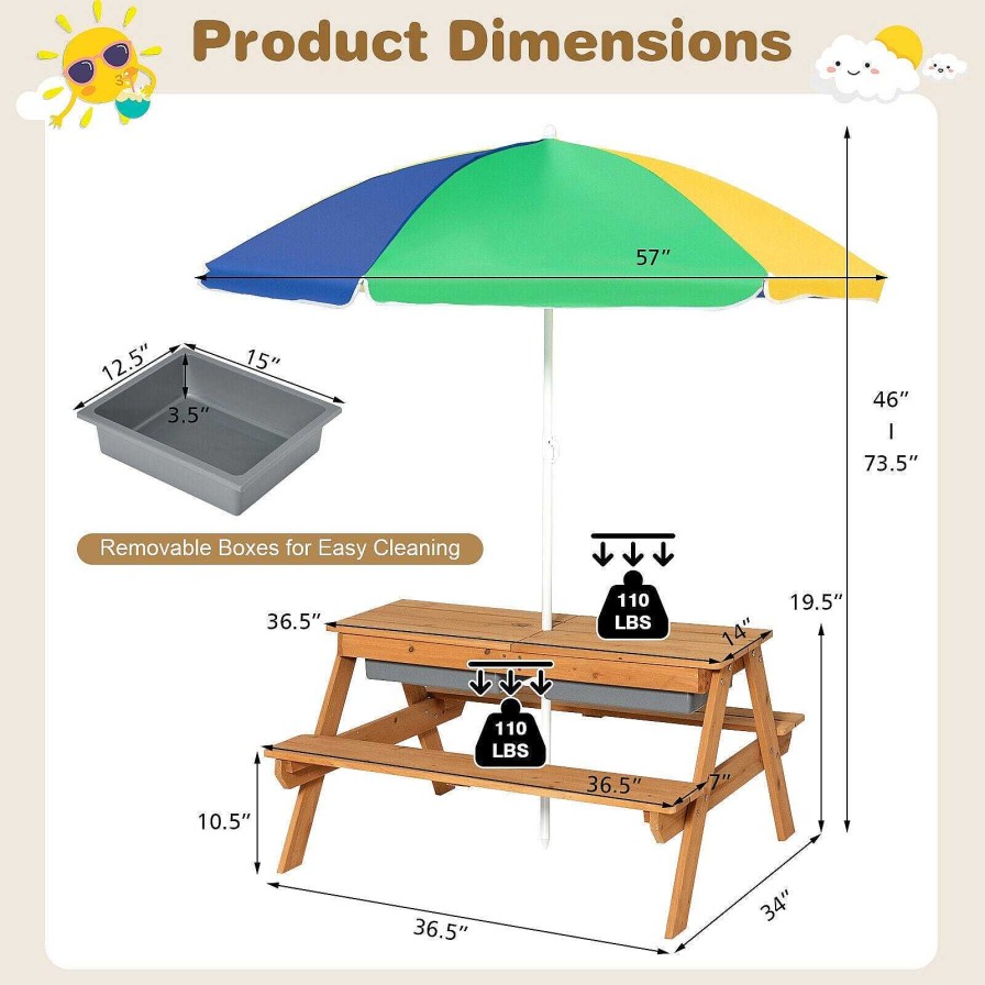 Gear dsvCOSTWAY | 3-In-1 Kids Outdoor Picnic Water Sand Table With Umbrella Play Boxes - Multicolour