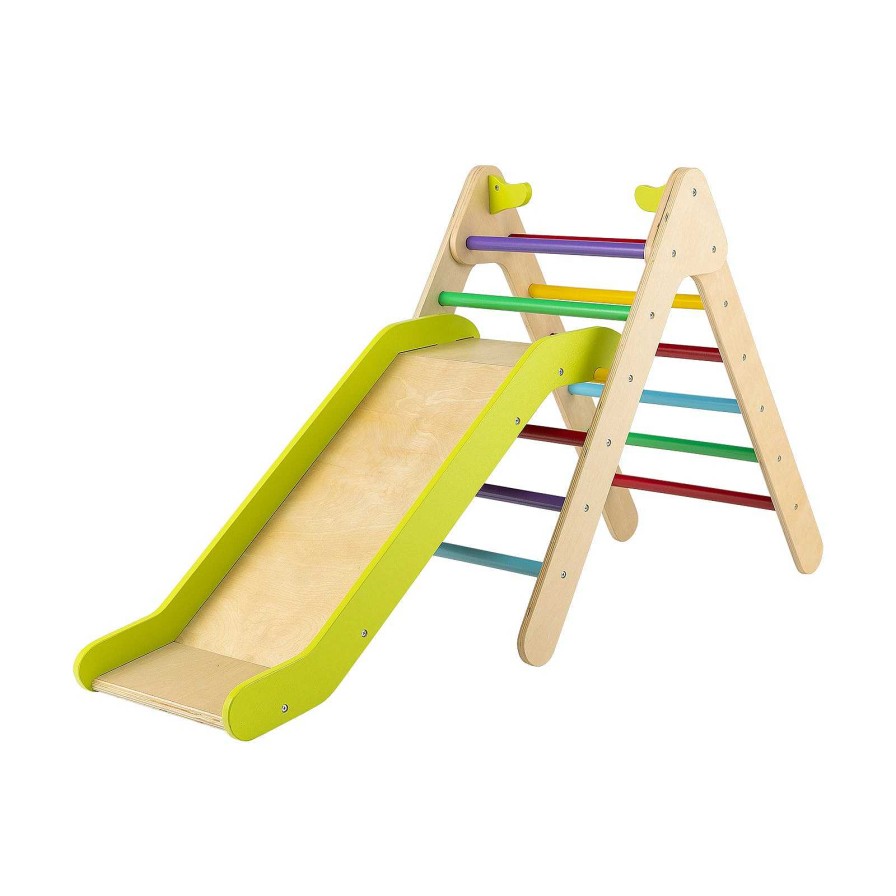 Gear dsvCOSTWAY | 2-In-1 Wooden Triangle Climber Set With Gradient Adjustable Slide-Multicolor