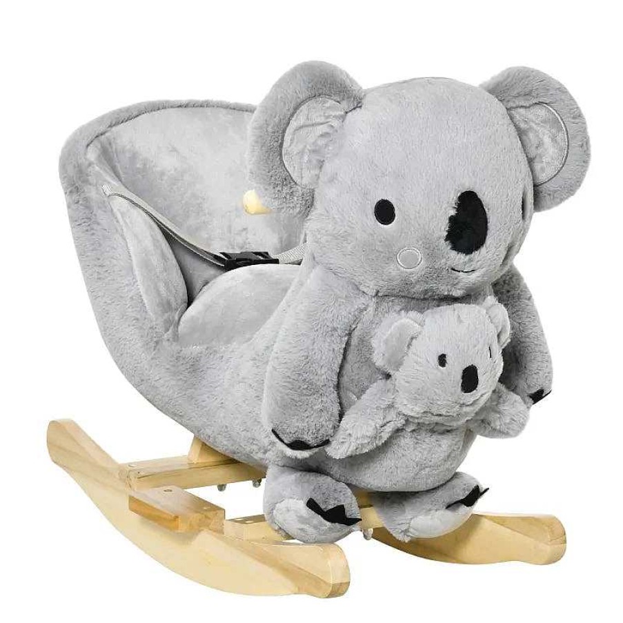 Gear dsvAOSOM | Kids Plush Ride-On Rocking Horse Koala-Shaped Toy Rocker W/ Gloved Doll Grey