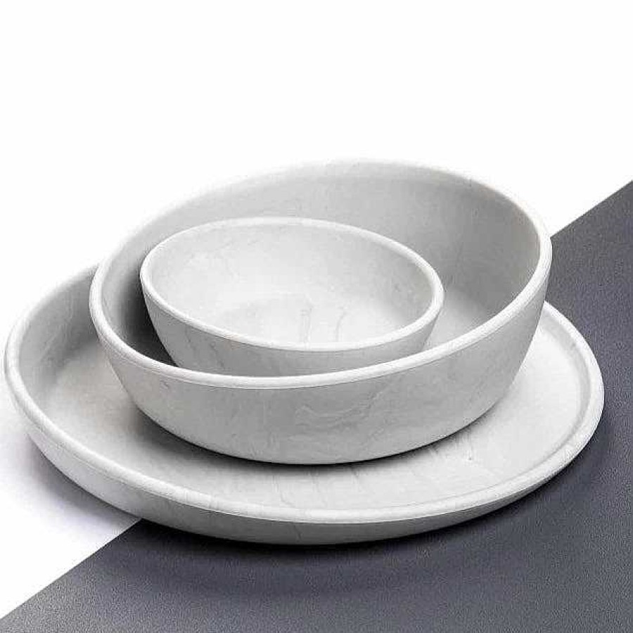 Gear opFAIRE-EEVEVE | 5 Pc Dinnerware Set- Place Mat + Bib + Dinner Plate And Bowls In Cloudy Grey Melange