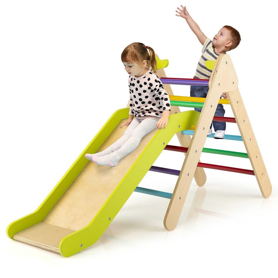 Gear dsvCOSTWAY | 2-In-1 Wooden Triangle Climber Set With Gradient Adjustable Slide-Multicolor