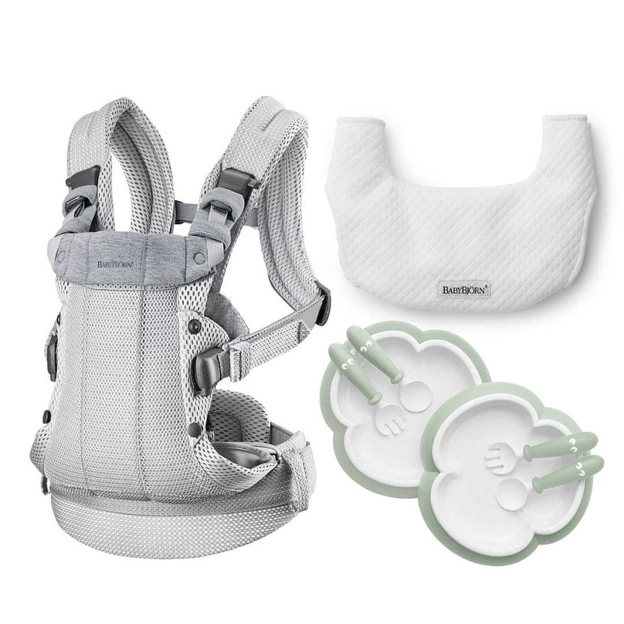 Gear opBABYBJORN | Baby Carrier Harmony Bundle - Silver 3D Mesh + Free Bib And Baby Feeding Set 2 Pack - Sage