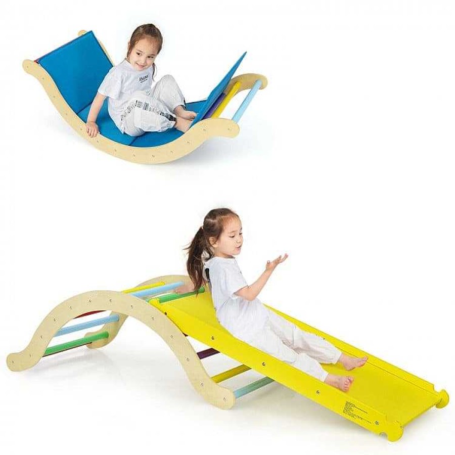 Gear dsvCOSTWAY CM OOS 11.18.23 | 3-In-1 Kids Climber Set Wooden Arch Triangle Rocker With Ramp And Mat - Yellow